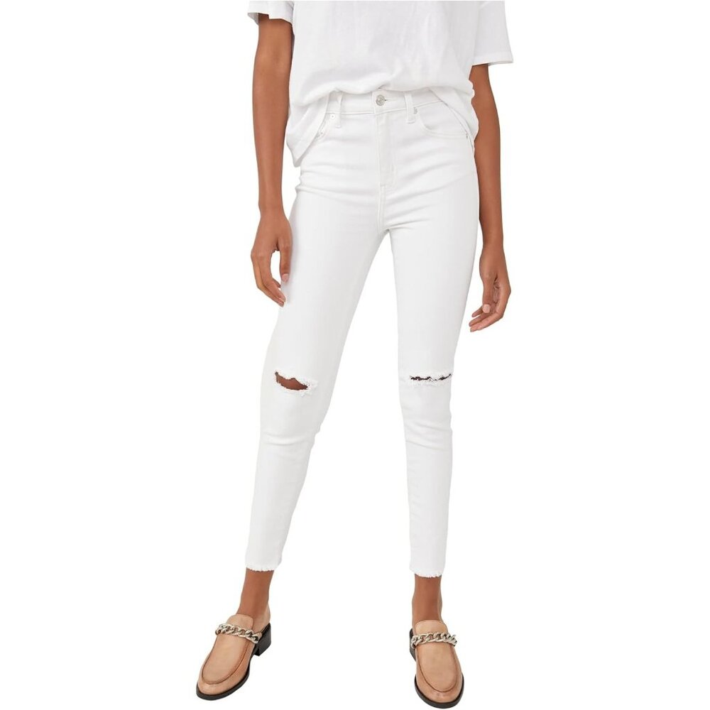 Free People White Distressed High-Waisted Skinny Jeans Womens Size 27 Cotton Ble